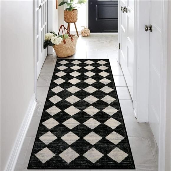 Lahome Moroccan Trellis Runner Rug - 2x6 Washable Black Bathroom Runner Rug - Picture 9 of 12